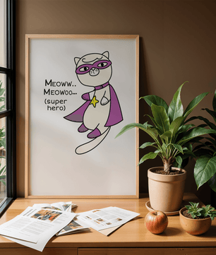 Superhero cat illustration with comic-style text - Mi tienda