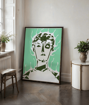Modern abstract portrait with surreal green and white tones - Mi tienda