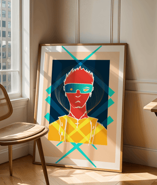 Cyberpunk warrior in geometric neon hues for modern decor - Mi tienda