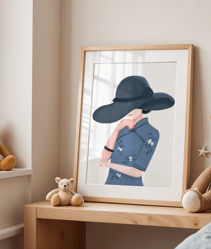 Elegant woman in a wide-brimmed hat and floral dress – stylish fashion artwork for modern interiors - Mi tienda