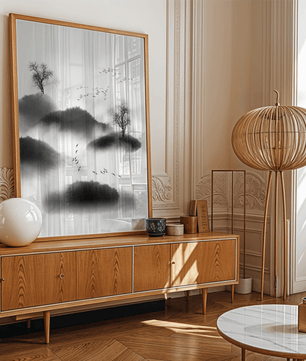 Misty mountains with flying birds in monochrome ink style - Mi tienda