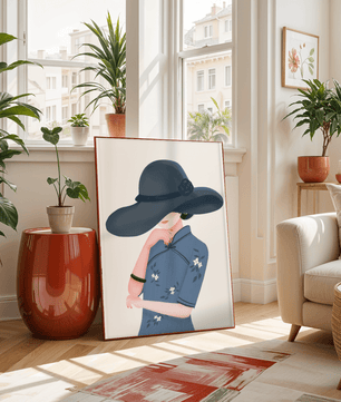 Elegant woman in a wide-brimmed hat and floral dress – stylish fashion artwork for modern interiors - Mi tienda