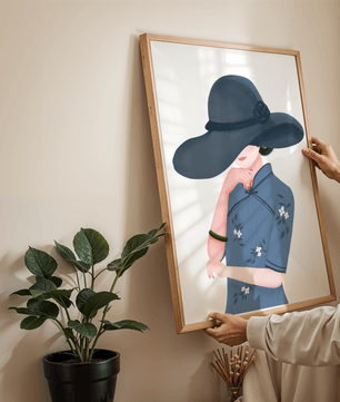 Elegant woman in a wide-brimmed hat and floral dress – stylish fashion artwork for modern interiors - Mi tienda