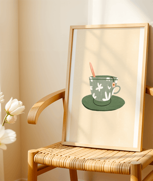 Illustration of a Green Floral Tea Cup with a Tea Bag and Spoon - Mi tienda