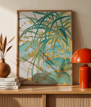 Lush green palm leaves with gold accents on a soft abstract background - Mi tienda