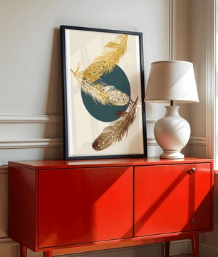 Artistic Composition of Intricate Feathers with Golden Elements and Geometric Contrast - Mi tienda