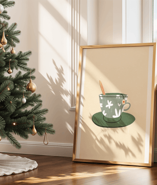 Illustration of a Green Floral Tea Cup with a Tea Bag and Spoon - Mi tienda
