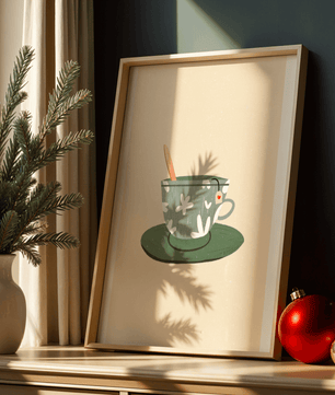 Illustration of a Green Floral Tea Cup with a Tea Bag and Spoon - Mi tienda