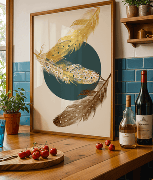 Artistic Composition of Intricate Feathers with Golden Elements and Geometric Contrast - Mi tienda