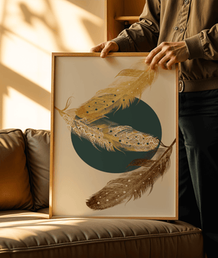 Artistic Composition of Intricate Feathers with Golden Elements and Geometric Contrast - Mi tienda