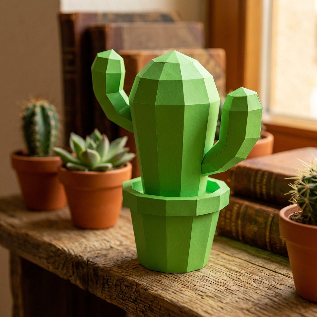Polygonal paper cactus builder figure, 3D craft for assembly 20 x 19 x 10 – papercraft DIY, cardboard figure for home decoration