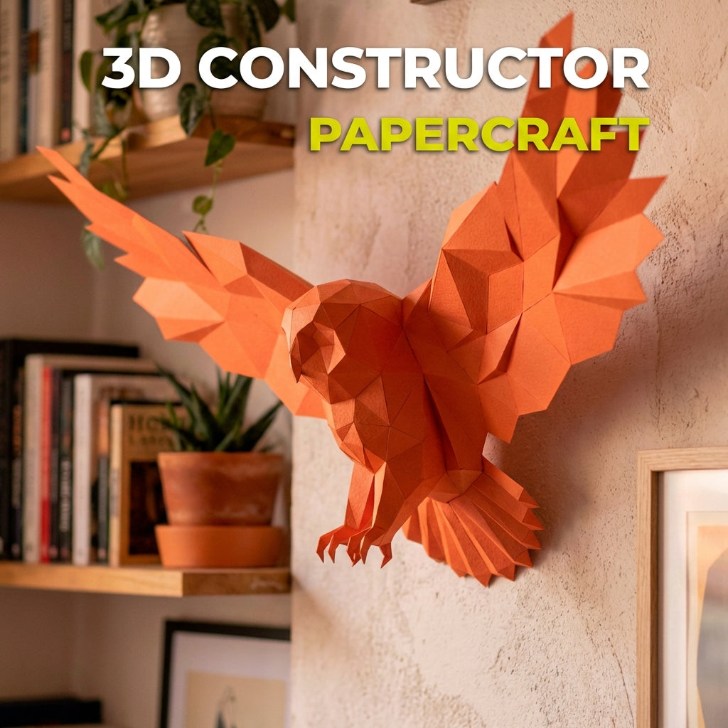 Polygonal paper owl decorative figure with spread wings 75x36x35, 3D DIY papercraft assembly
