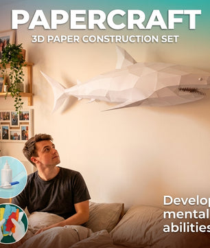 Figura de tiburón de papel poligonal 3D para ensamblar 30 x 27 x 93 – kit de manualidades de papercraft decorativo, escultura geométrica moderna para mesa o estantería