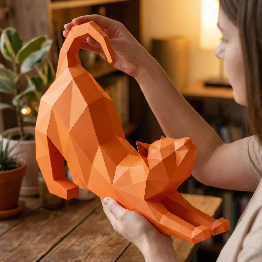 Gato de papel poligonal 3D para ensamblar 40x32x12 – kit de manualidades de papercraft decorativo, escultura geométrica moderna para mesa o estantería