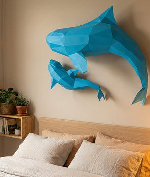 Figura de orcas de papel poligonal 3D para ensamblar 60 x 50 x 20 – kit de manualidades de papercraft decorativo, escultura geométrica moderna para pared sobre la cama
