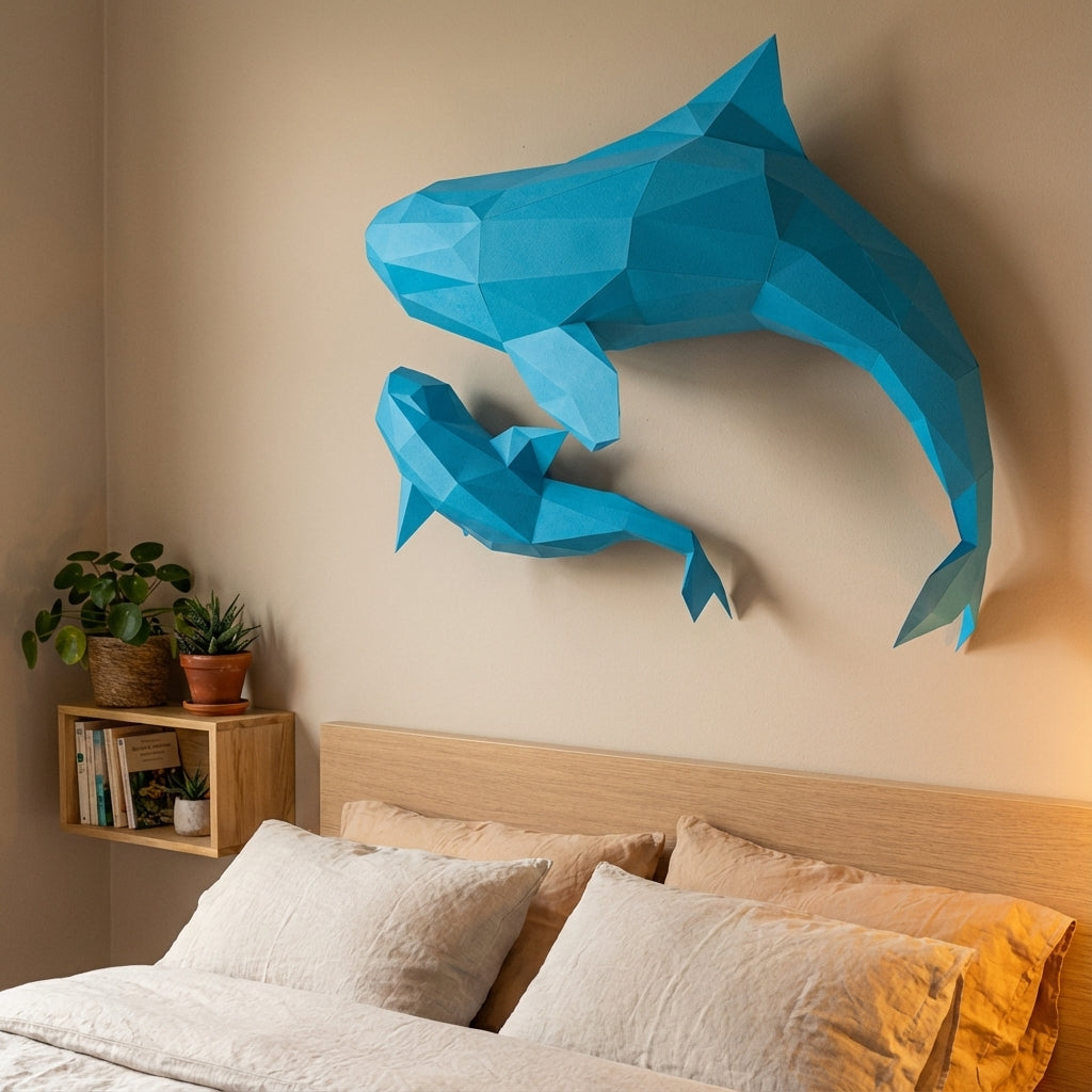 Figura de orcas de papel poligonal 3D para ensamblar 60 x 50 x 20 – kit de manualidades de papercraft decorativo, escultura geométrica moderna para pared sobre la cama