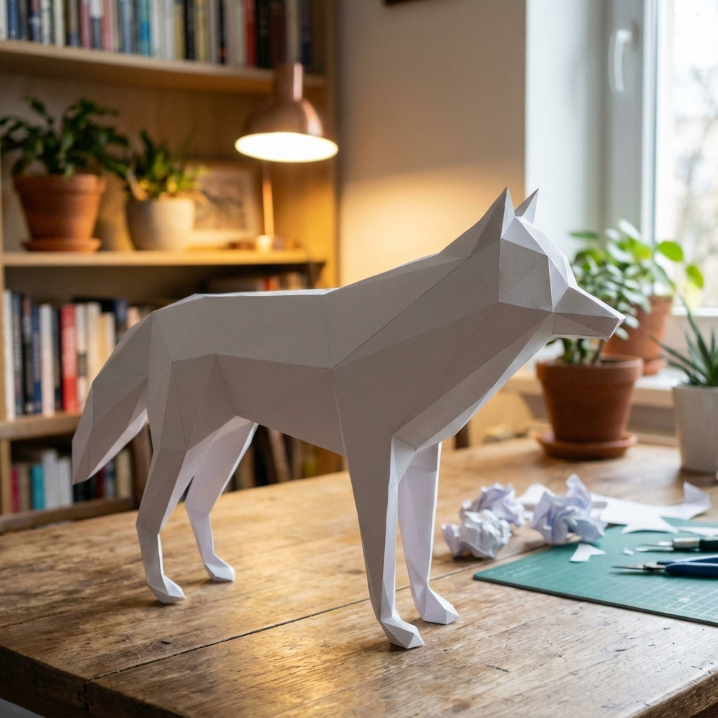 3D polygonal paper wolf figure for assembly 58x30x12 – decorative papercraft DIY kit, modern geometric sculpture for table or shelf - Mi tienda