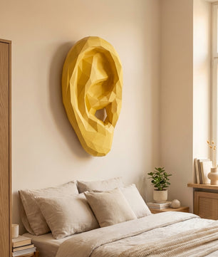 Figura de oreja de papel poligonal 3D para ensamblar 19 x 35 x 14 – kit de manualidades de papercraft decorativo, escultura geométrica moderna para pared sobre la cama