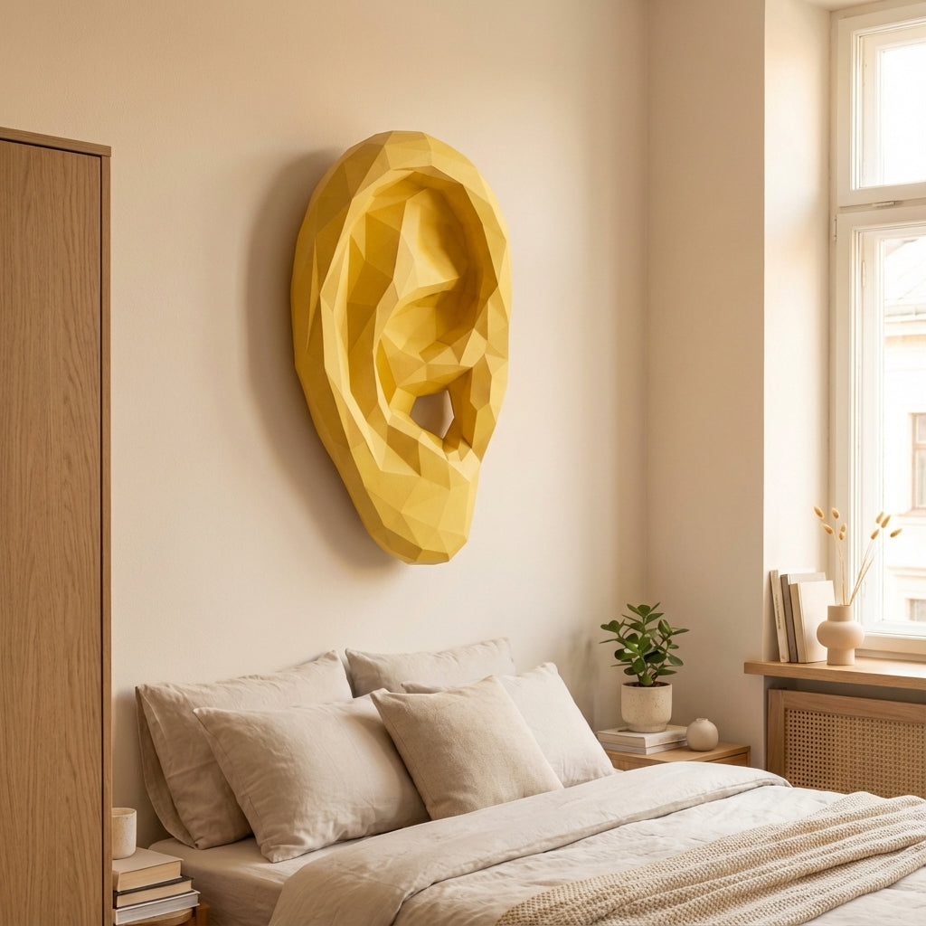 3D polygonal paper ear figure for assembly 19 x 35 x 14 – decorative papercraft DIY kit, modern geometric sculpture for wall above the bed