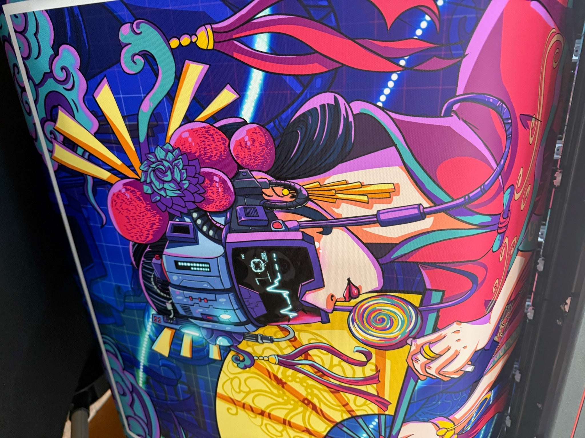 Geisha in Futuristic Costume with Neon Elements and Fan