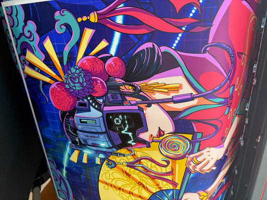 Geisha in Futuristic Costume with Neon Elements and Fan
