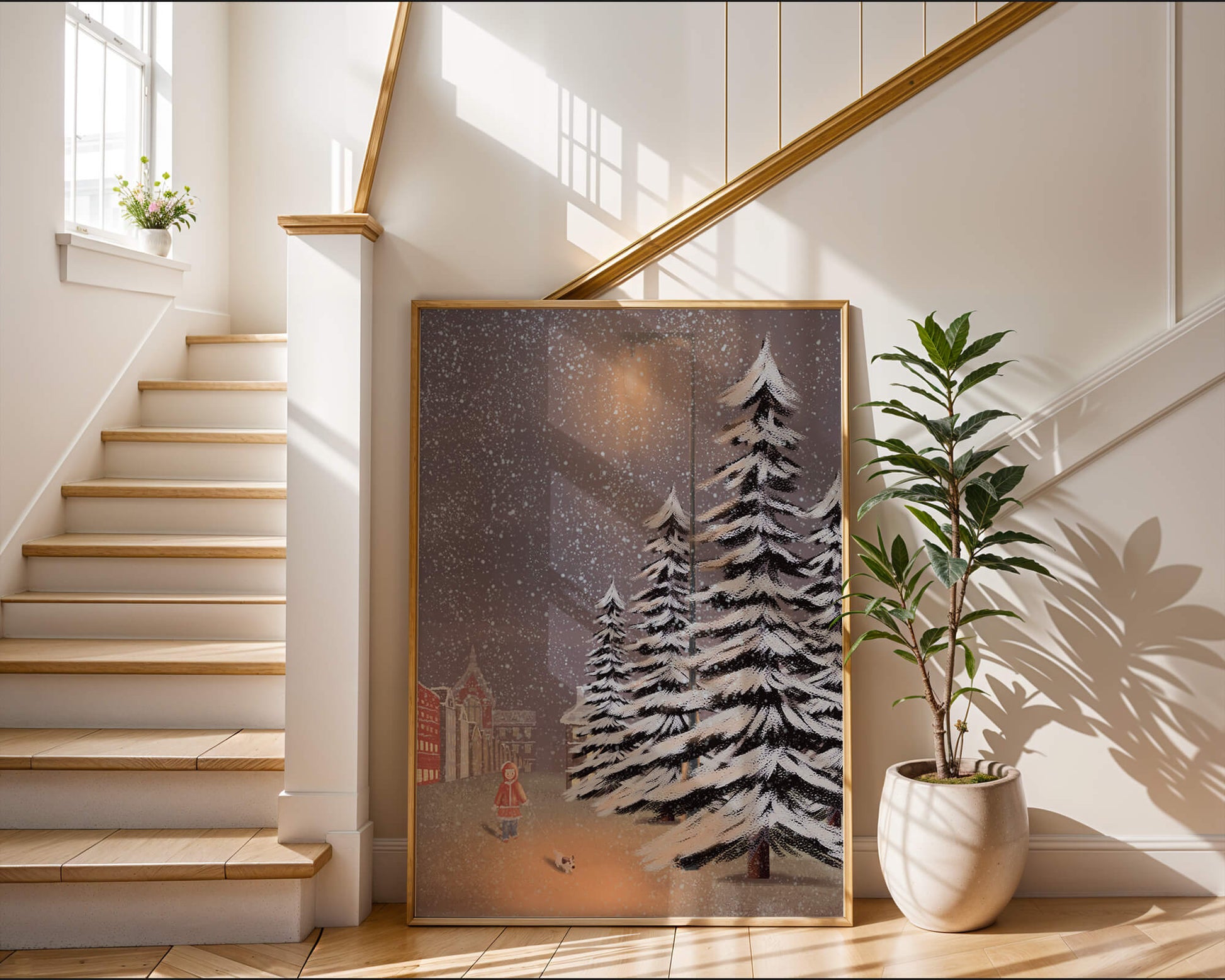 Snowy winter scene with a child and dog in a charming town