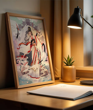 Elegant Asian Artistry with a Crane and Traditional Attire