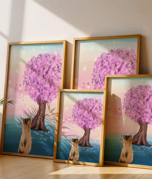 Serene scene with cat and blossoming cherry tree at sunrise