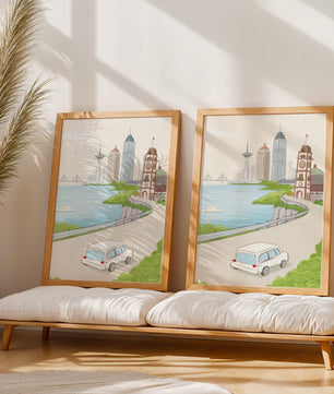 Scenic coastal cityscape with modern buildings and a classic clock tower
