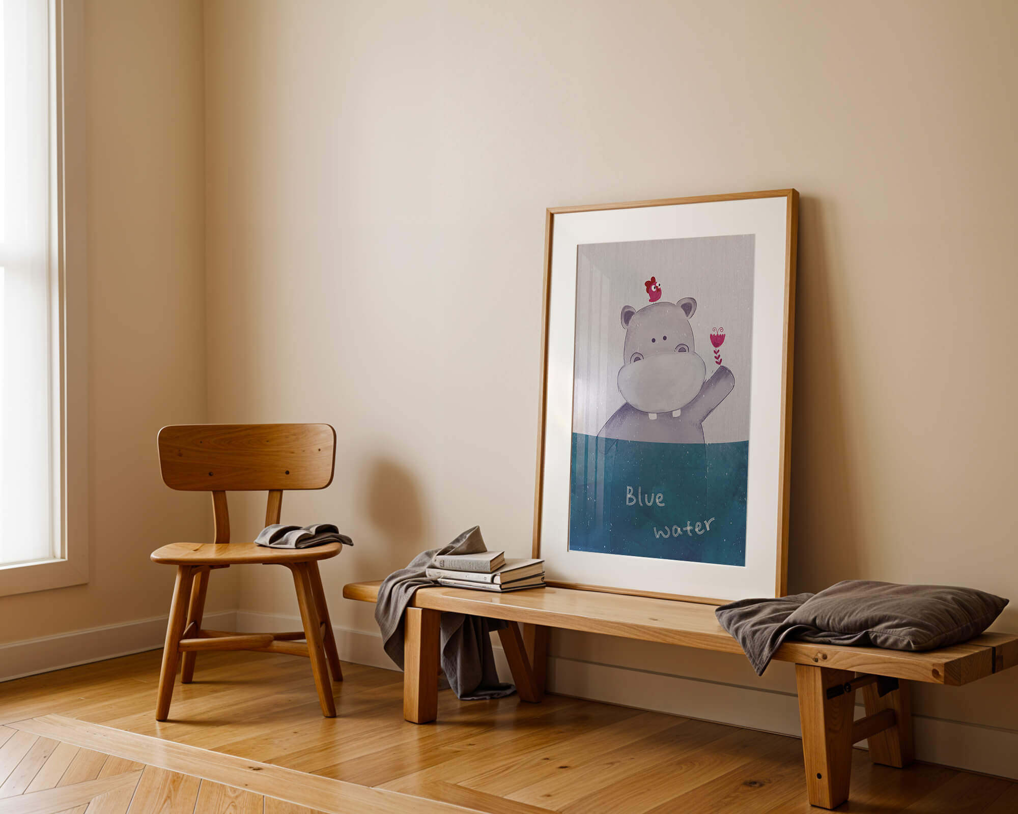 Whimsical illustration of a hippo with a pink bird and water background
