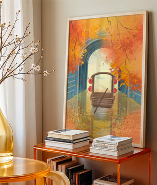 Serene autumn scene with archway and wooden boat