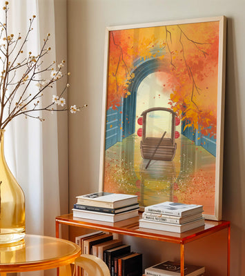 Serene autumn scene with archway and wooden boat
