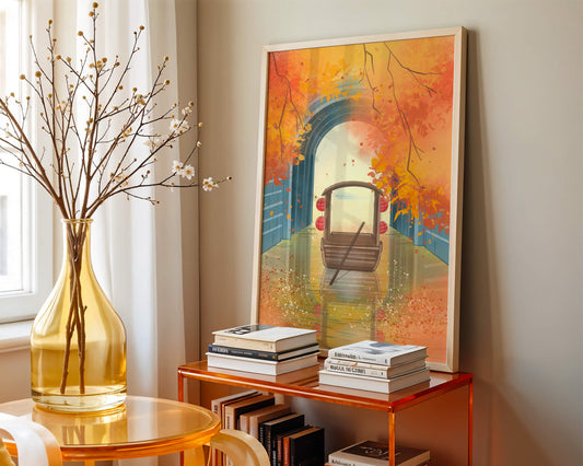 Serene autumn scene with archway and wooden boat