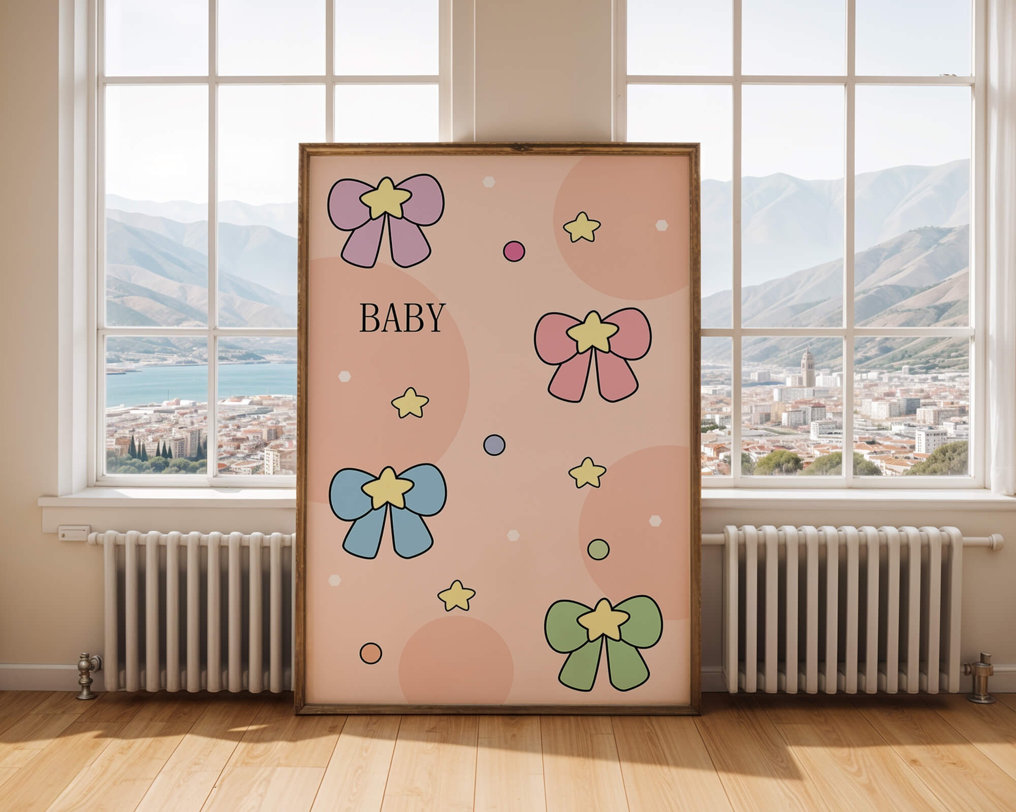 Colorful baby-themed backdrop with bows and stars