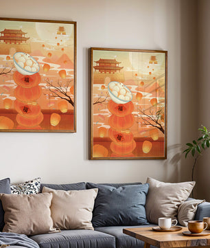 Scène de festival traditionnel chinois avec des lanternes et des raviolis