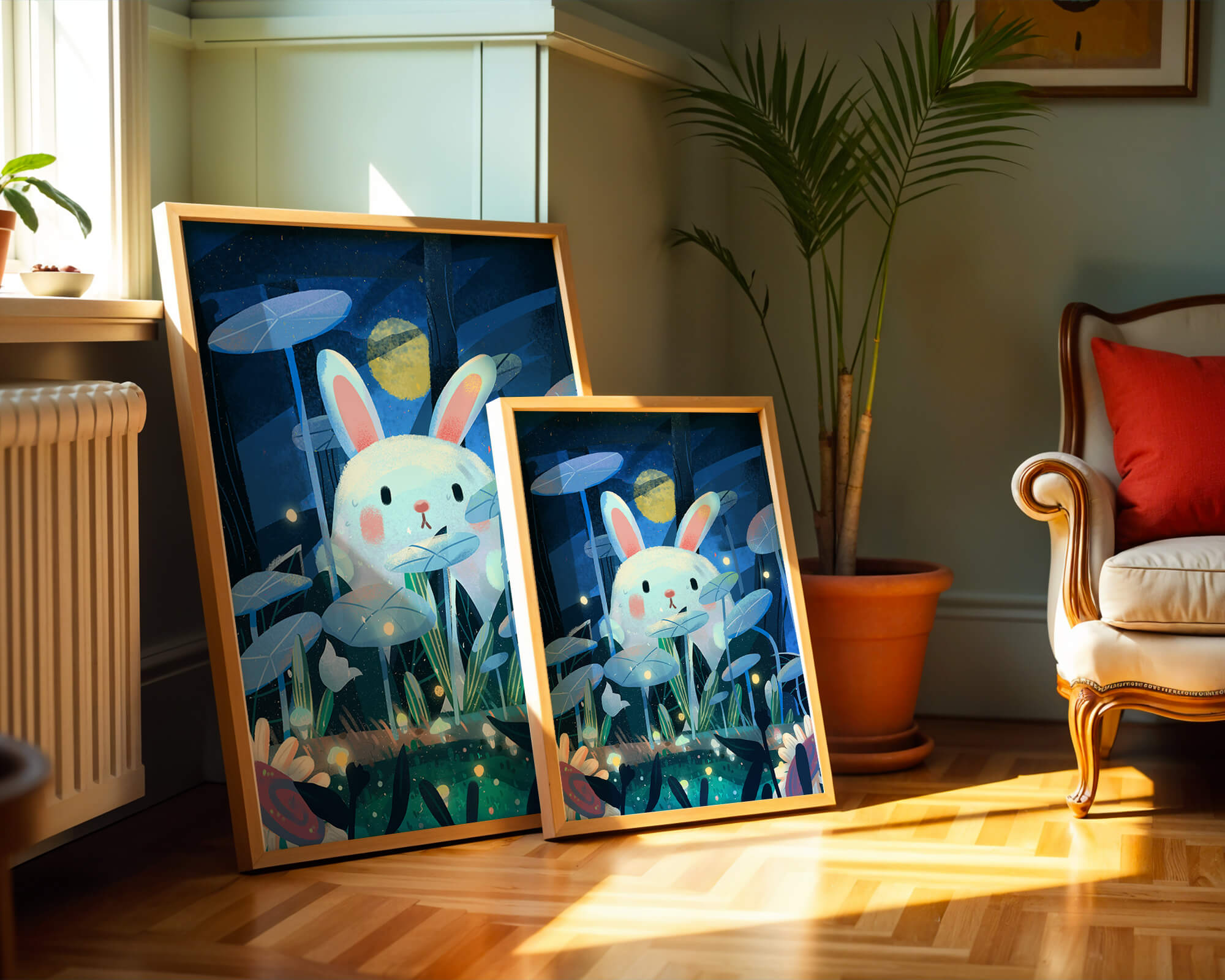 Cute rabbit in a dreamy moonlit forest