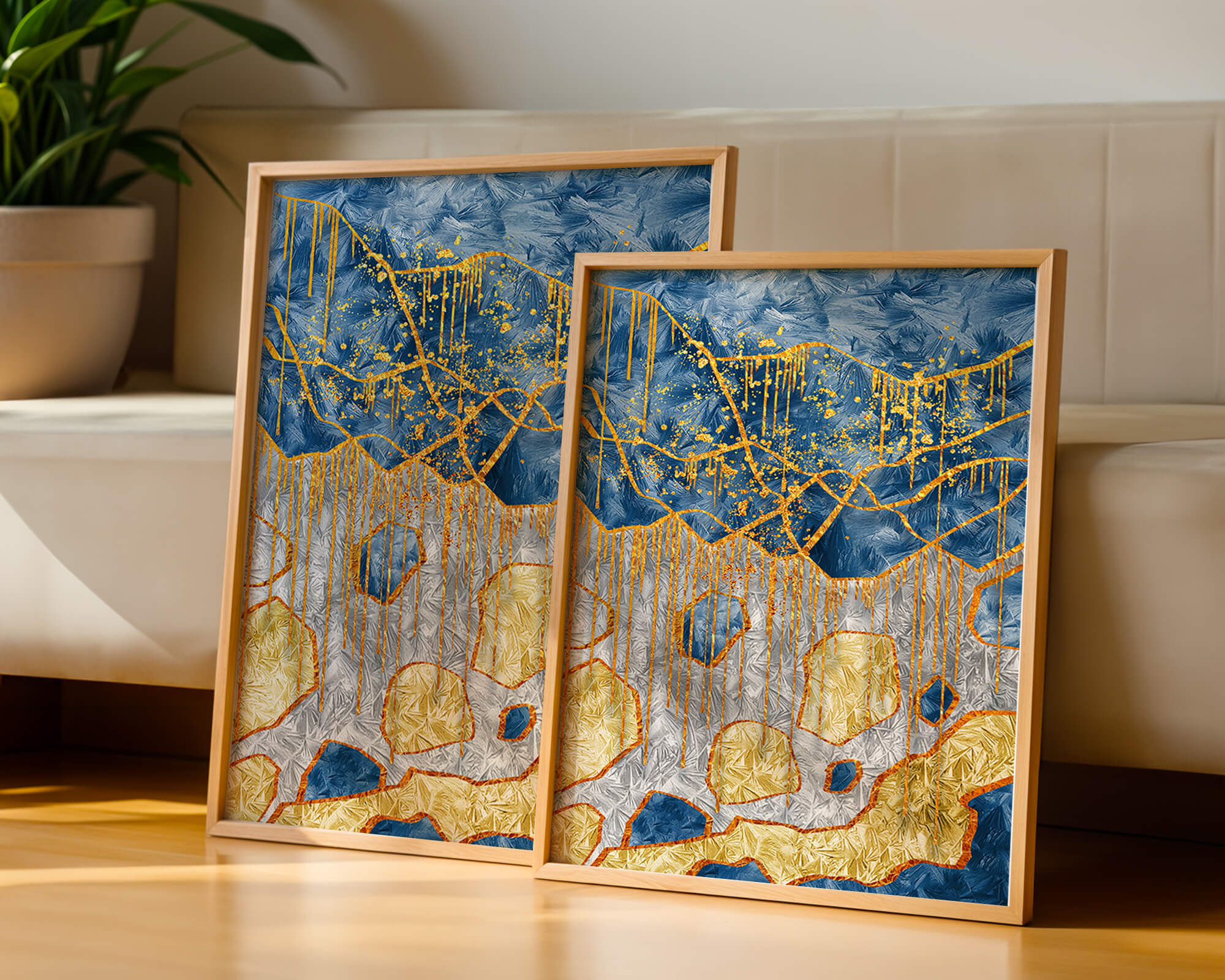 Abstract gold and blue textured art with dynamic splashes of color