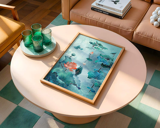 Serene aquatic landscape with lotus and water lilies in artistic style
