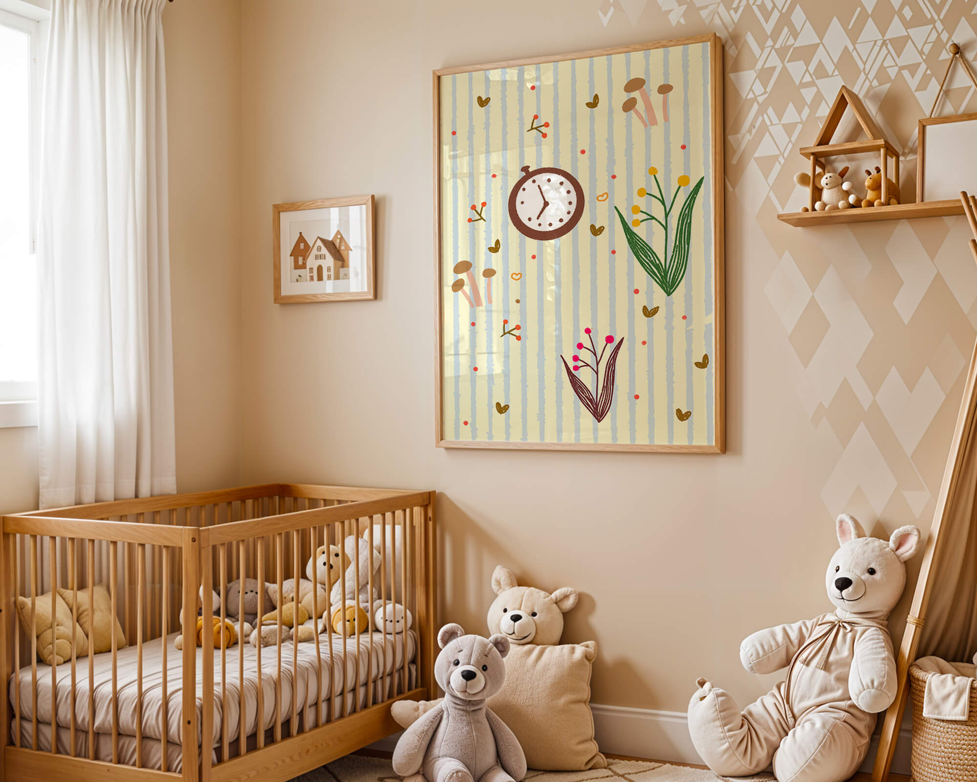 Whimsical pattern with clock, mushrooms, and florals on striped background