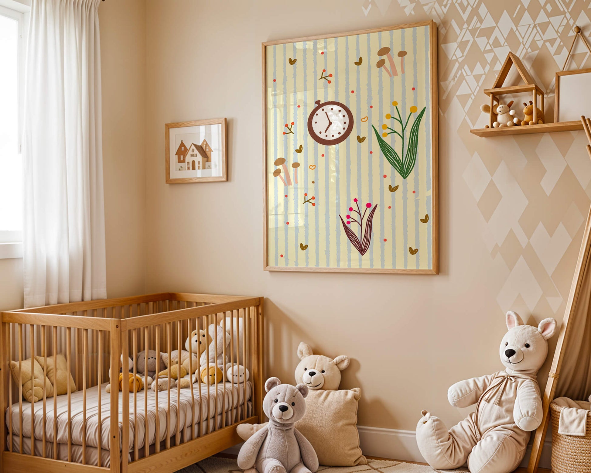 Whimsical pattern with clock, mushrooms, and florals on striped background