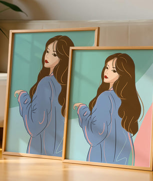 Illustration of woman with long hair and blue jacket
