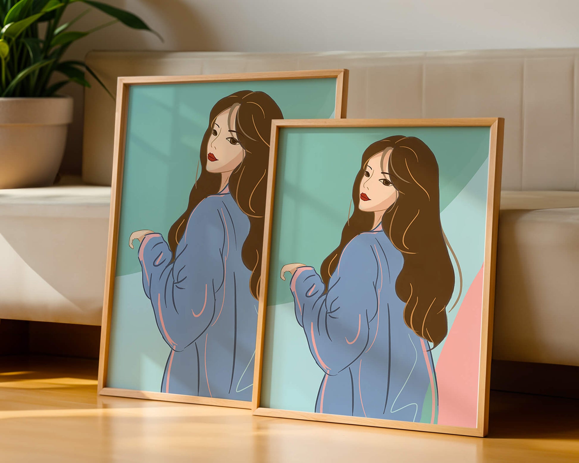 Illustration of woman with long hair and blue jacket