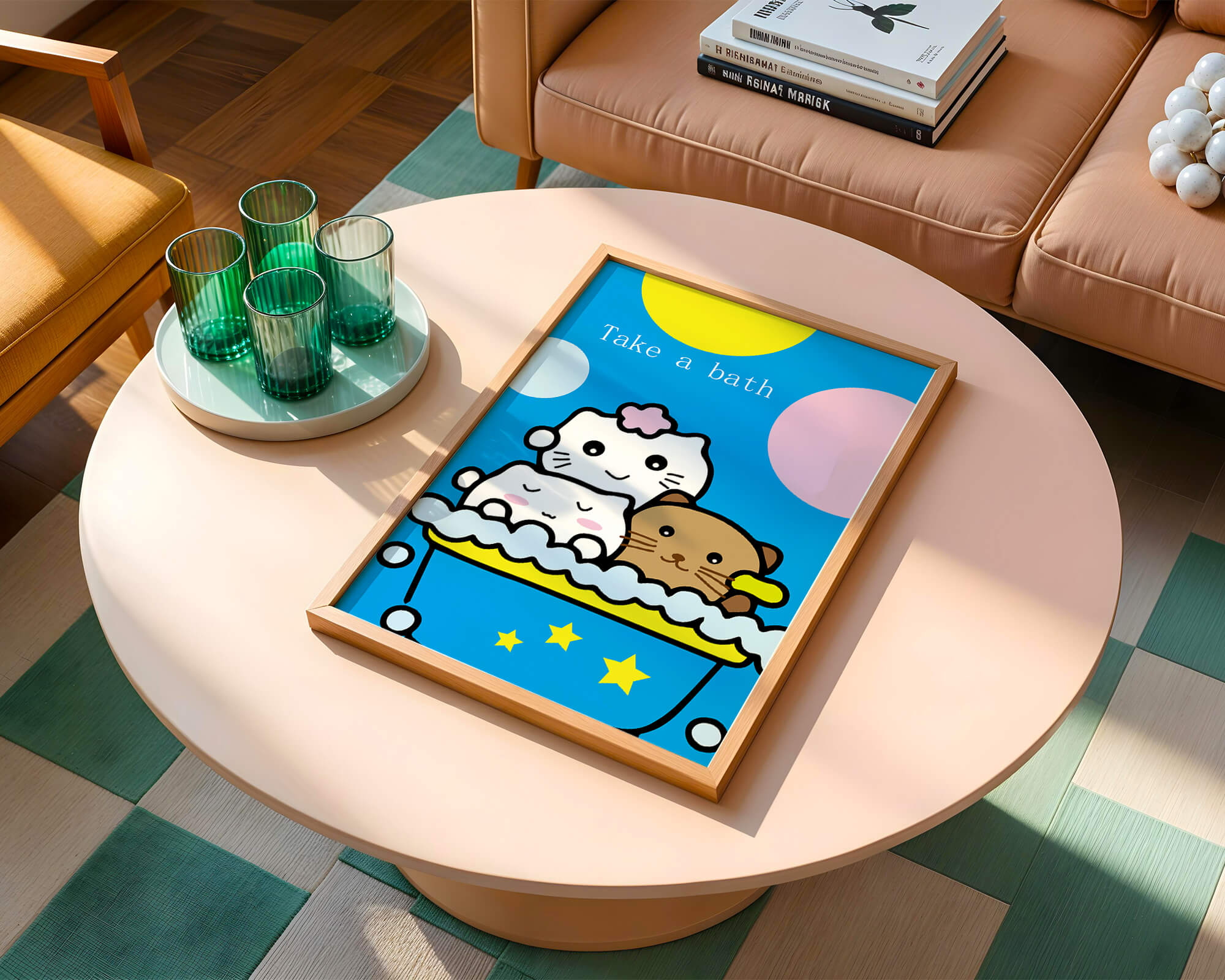 Adorable cartoon characters in a bubble bath with vibrant background