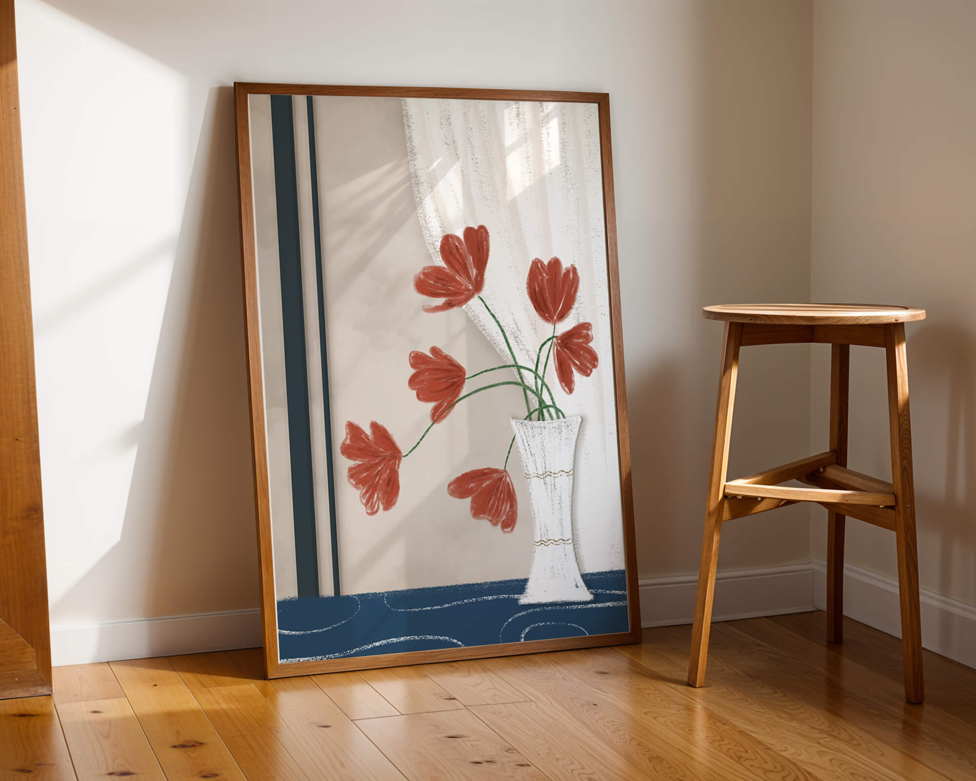 Delicate Red Flowers in a Vase with Elegant Drapery Interior