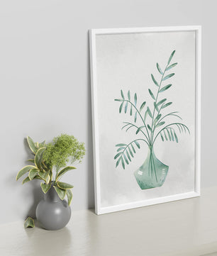 Illustration minimaliste à l’aquarelle de feuilles vertes dans un vase en verre
