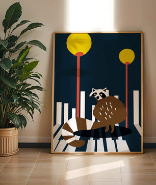 Raccoon Illustration with Urban Street Lamps and Geometric Design