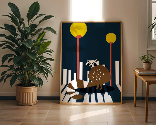 Raccoon Illustration with Urban Street Lamps and Geometric Design