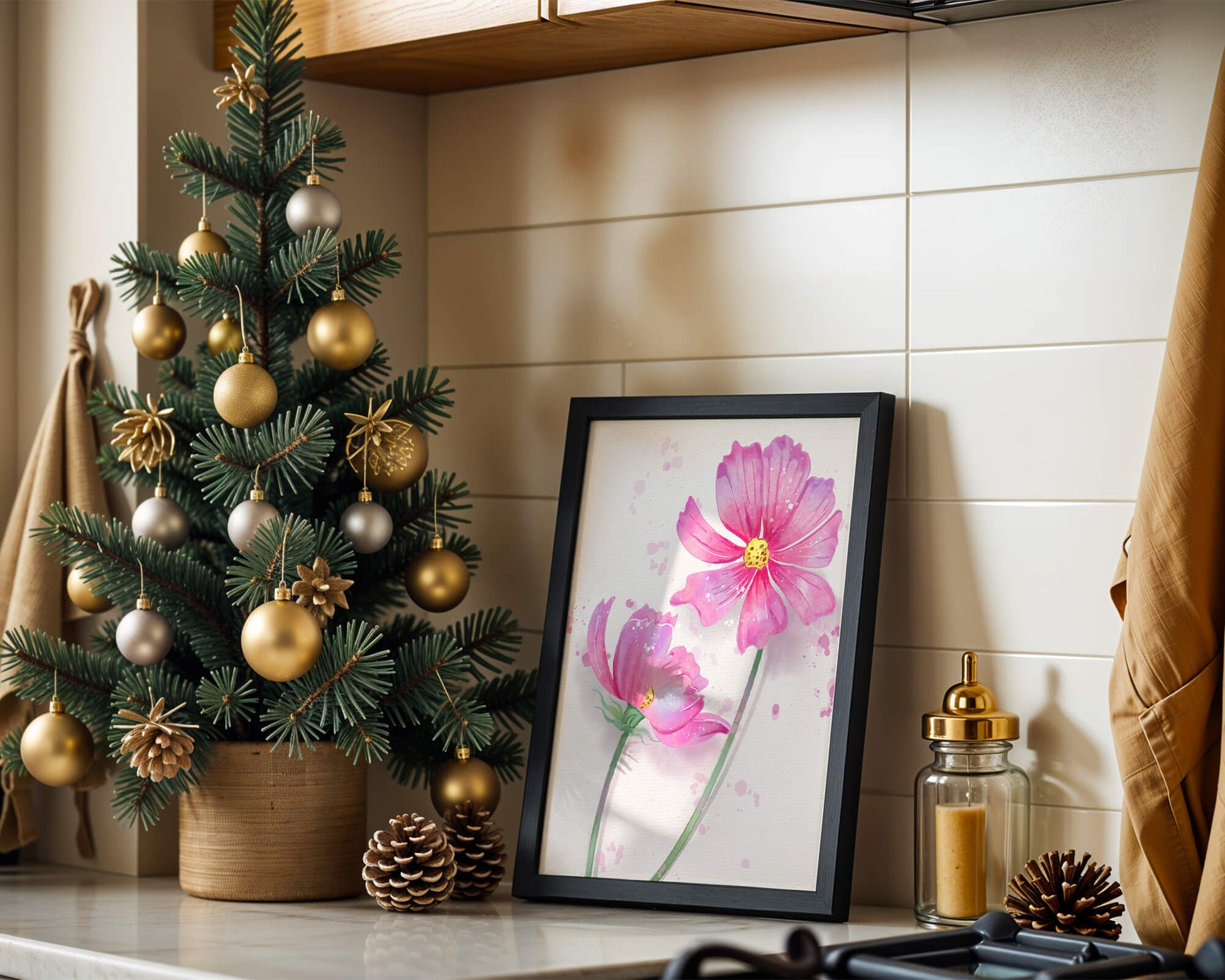 Flores delicadas en acuarela rosada con salpicaduras artísticas en lienzo