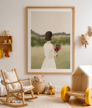 Woman in White Dress Holding Bouquet Facing Nature