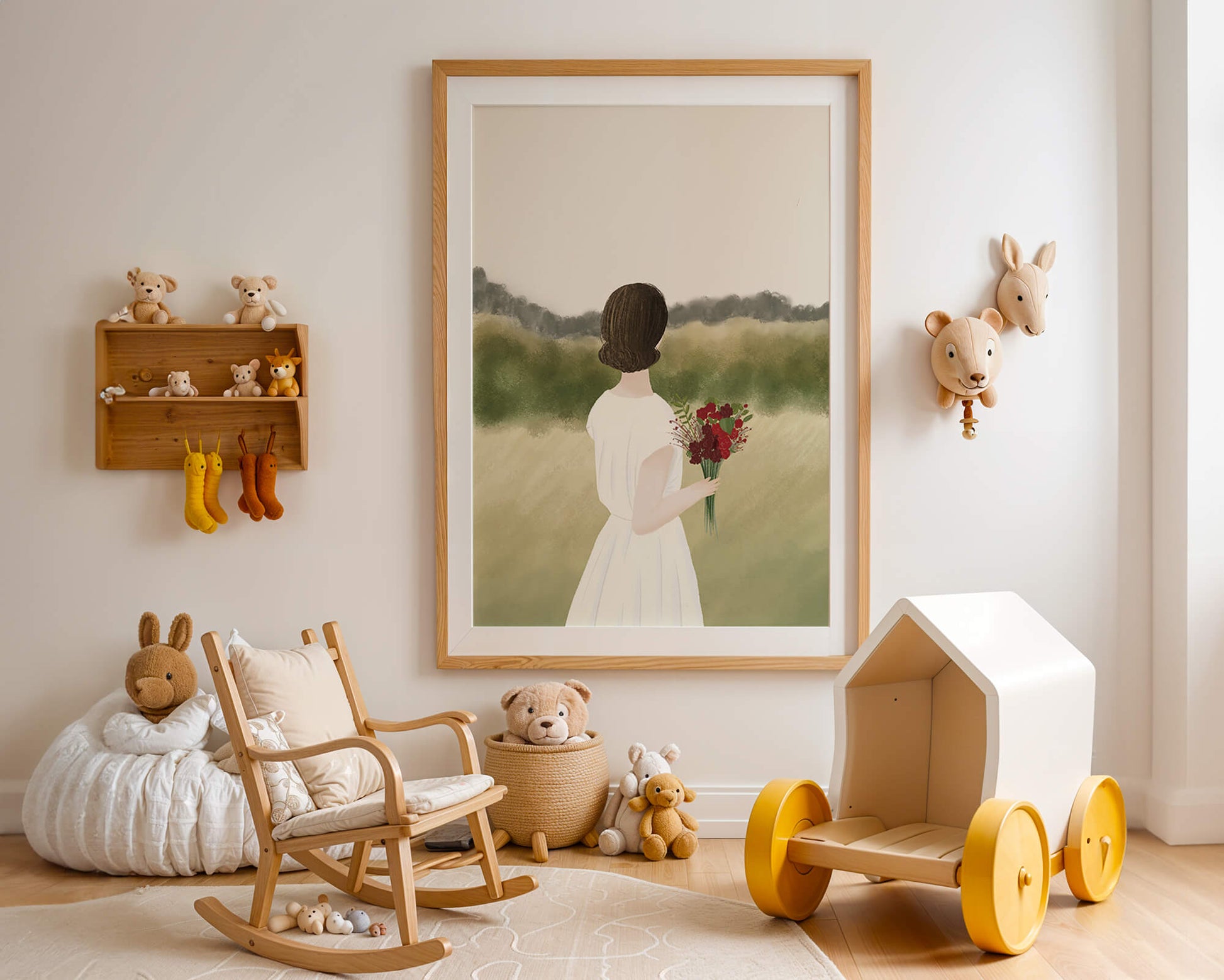 Woman in White Dress Holding Bouquet Facing Nature